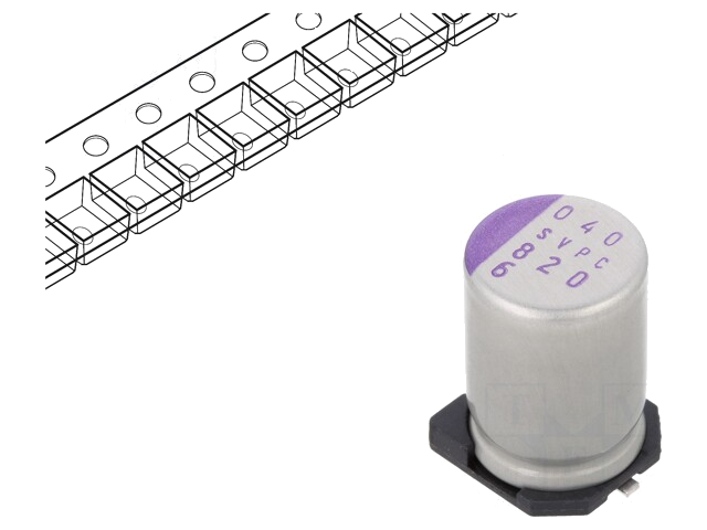 Condensator: polymeer; low ESR; 820uF; 6,3VDC; SVPC; SMD; ±20%; 12mΩ Condensator: polymeer; low ESR; 820uF; 6,3VDC; SVPC; SMD; ±20%; 12mΩ